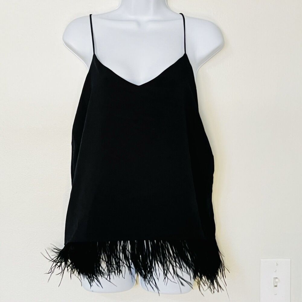 Amaryllis Spaghetti Strap Camisole Feather Trim Blouse Black Small Lined